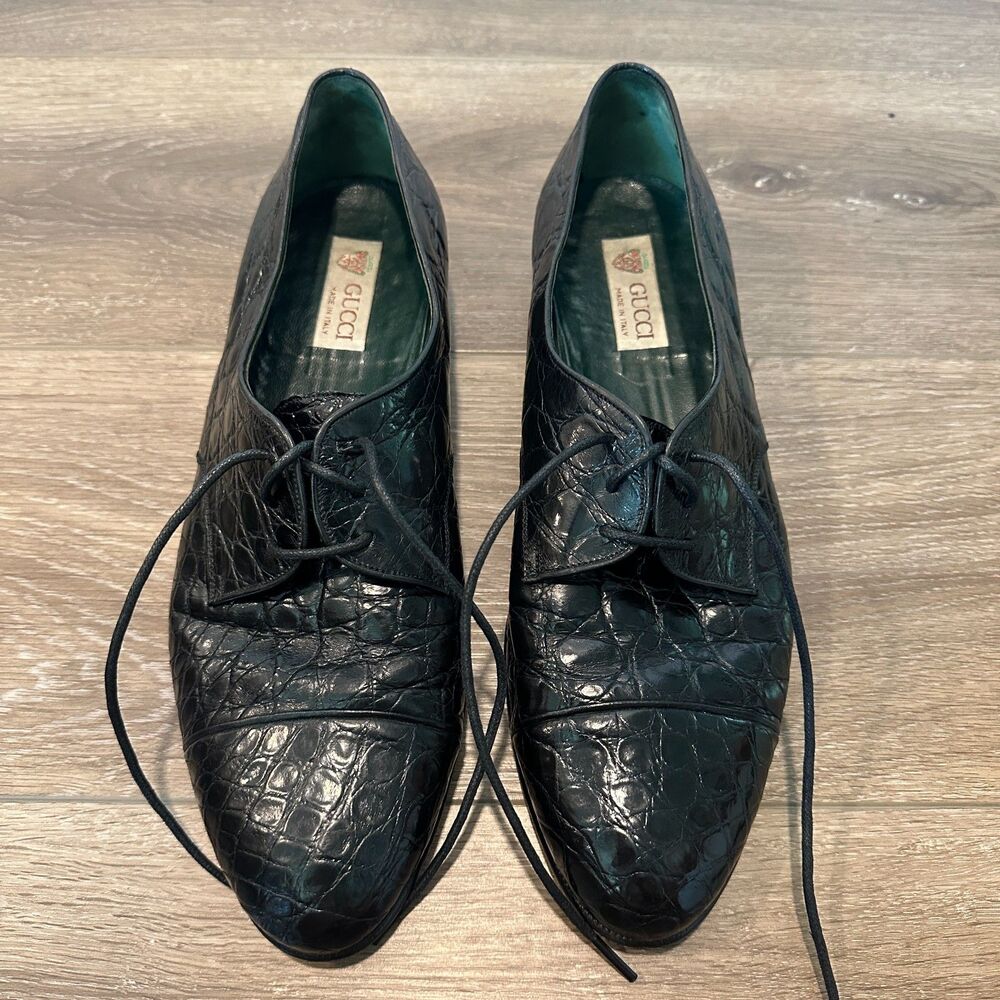 Vintage Gucci Black Alligator Leather Lace Up Derby Dress Shoes Mens Size 10